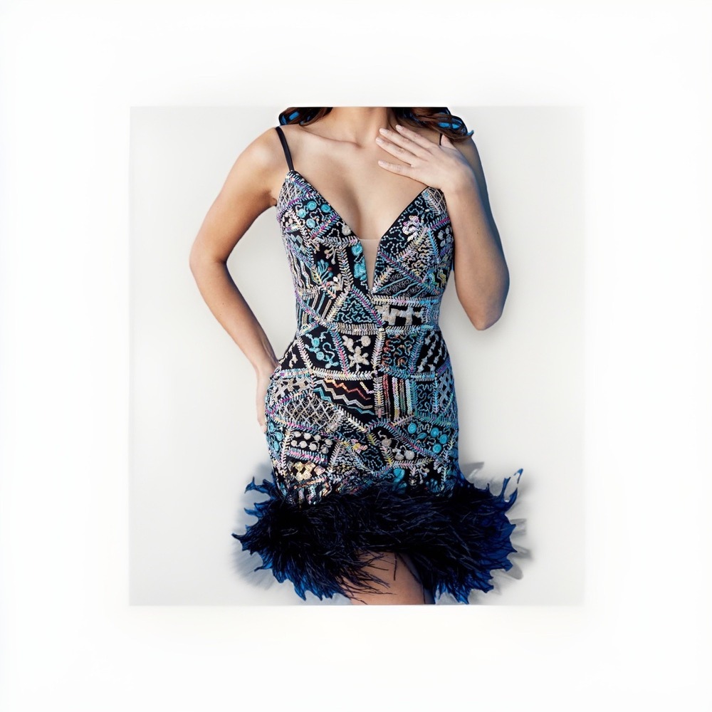 NEW Jovani 09817 Cocktail Sequin Evening Dress Pageant Prom Black Feather Glam